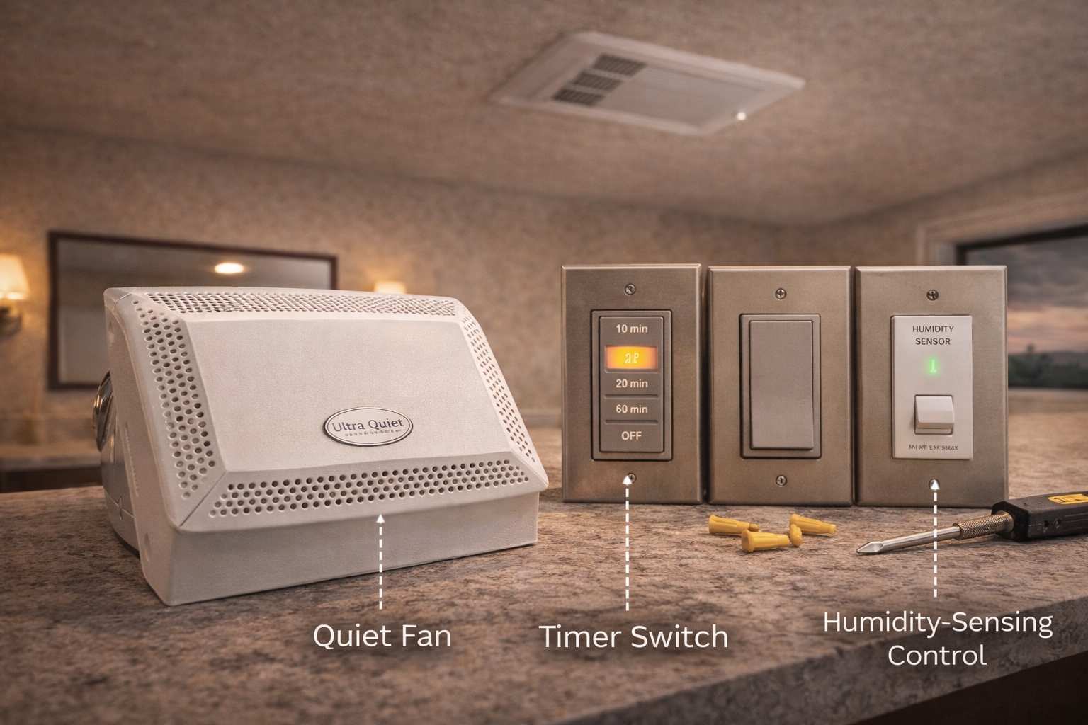 Quiet bathroom fan with timer switch and humidity-sensing control for ventilation upgrades