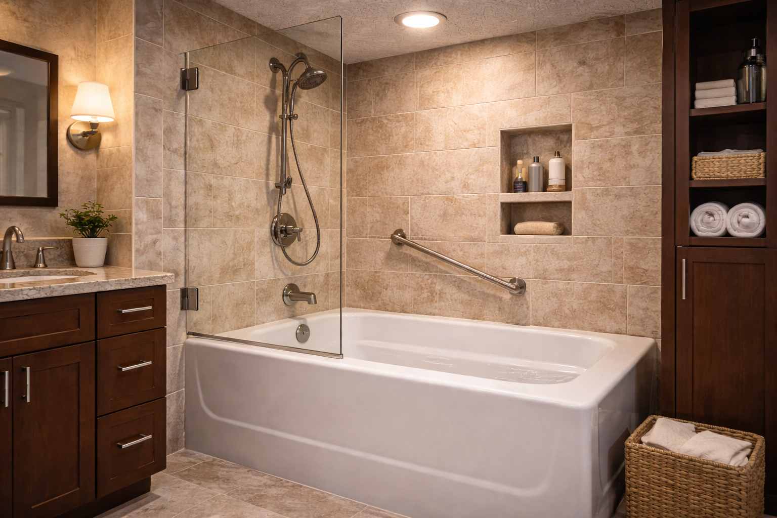 Bathtub remodel upgrades with heated floors, floor-mounted fillers, surround storage, accent lighting, and improved wall finishes