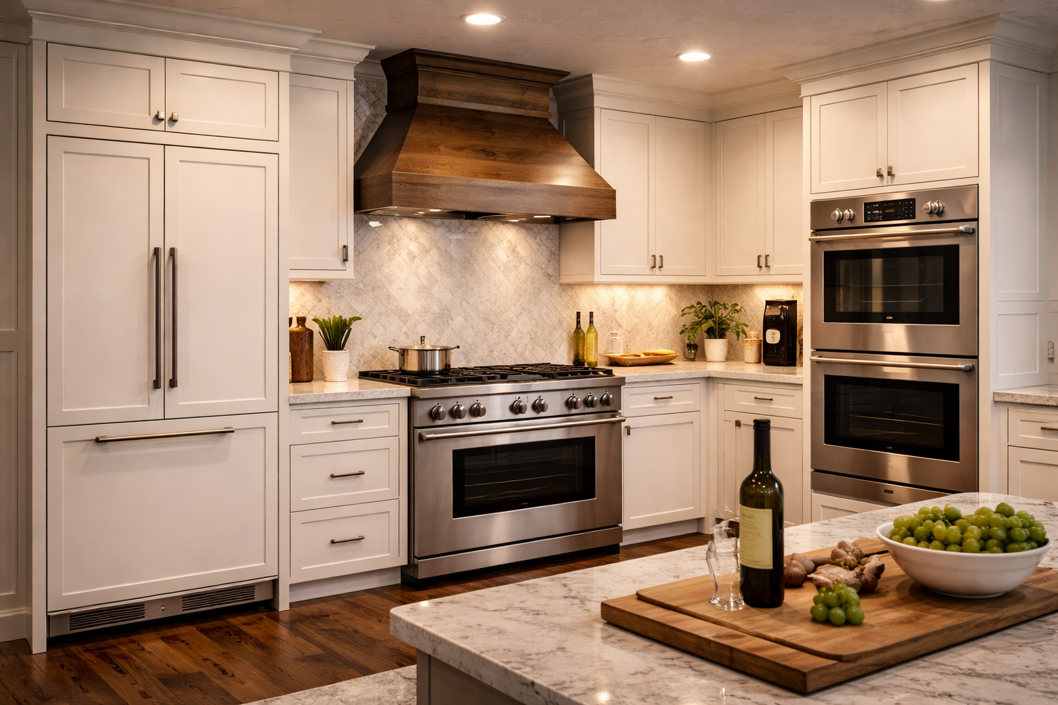 Kitchen appliance upgrades with built-in microwaves, double ovens, better vent hoods, induction cooking, and panel-ready refrigeration