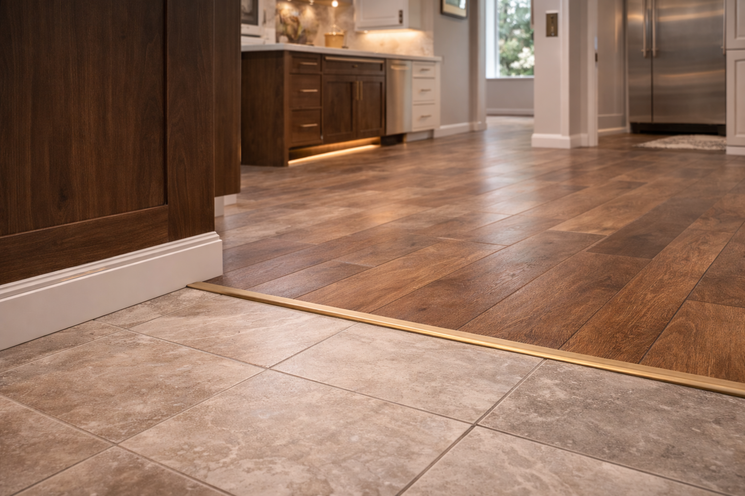 Kitchen flooring upgrades with heated floors, larger tile formats, wider planks, waterproof surfaces, and cleaner transitions