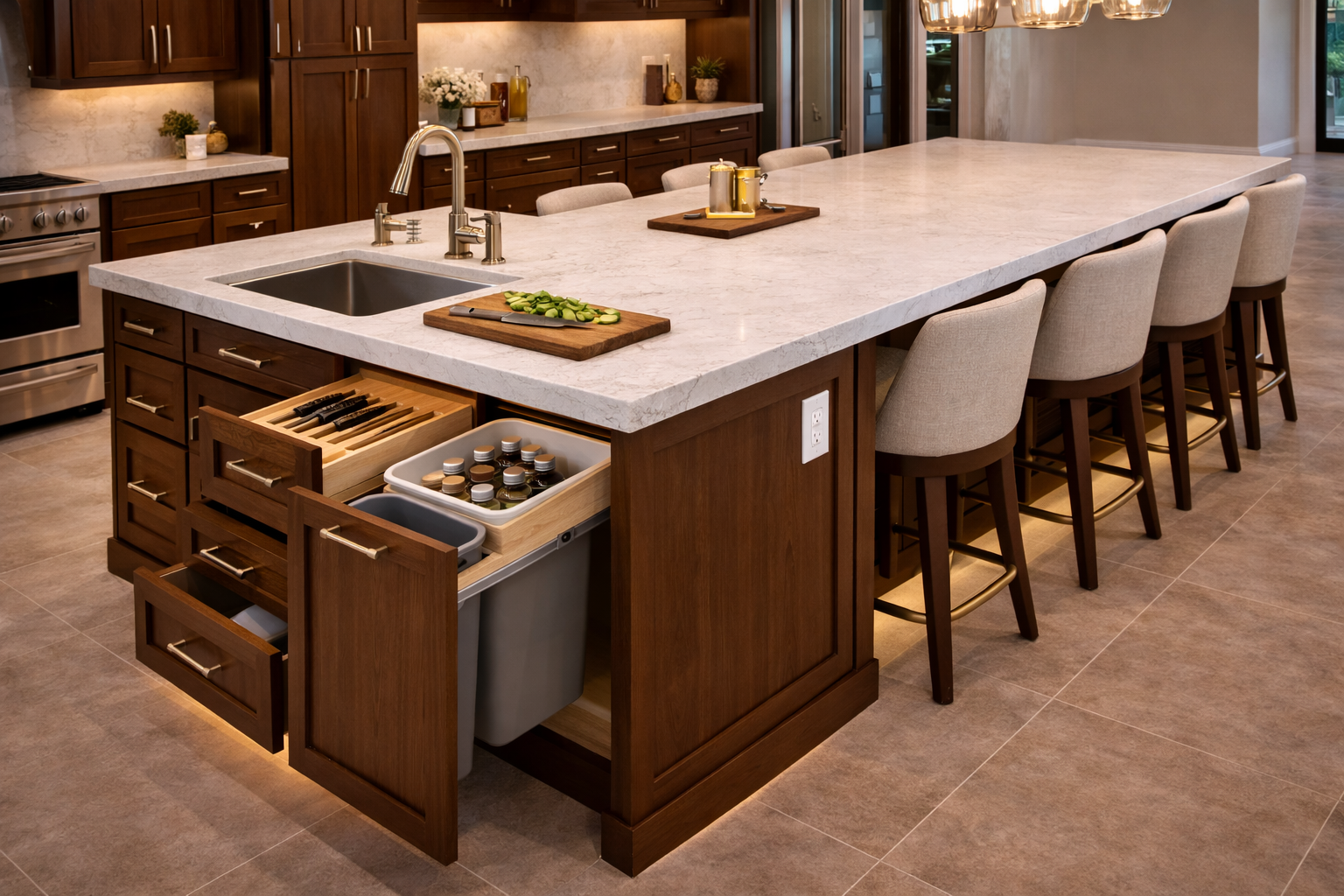 Kitchen island upgrades placeholder image with prep sink deep drawers overhang seating and pendant lighting context