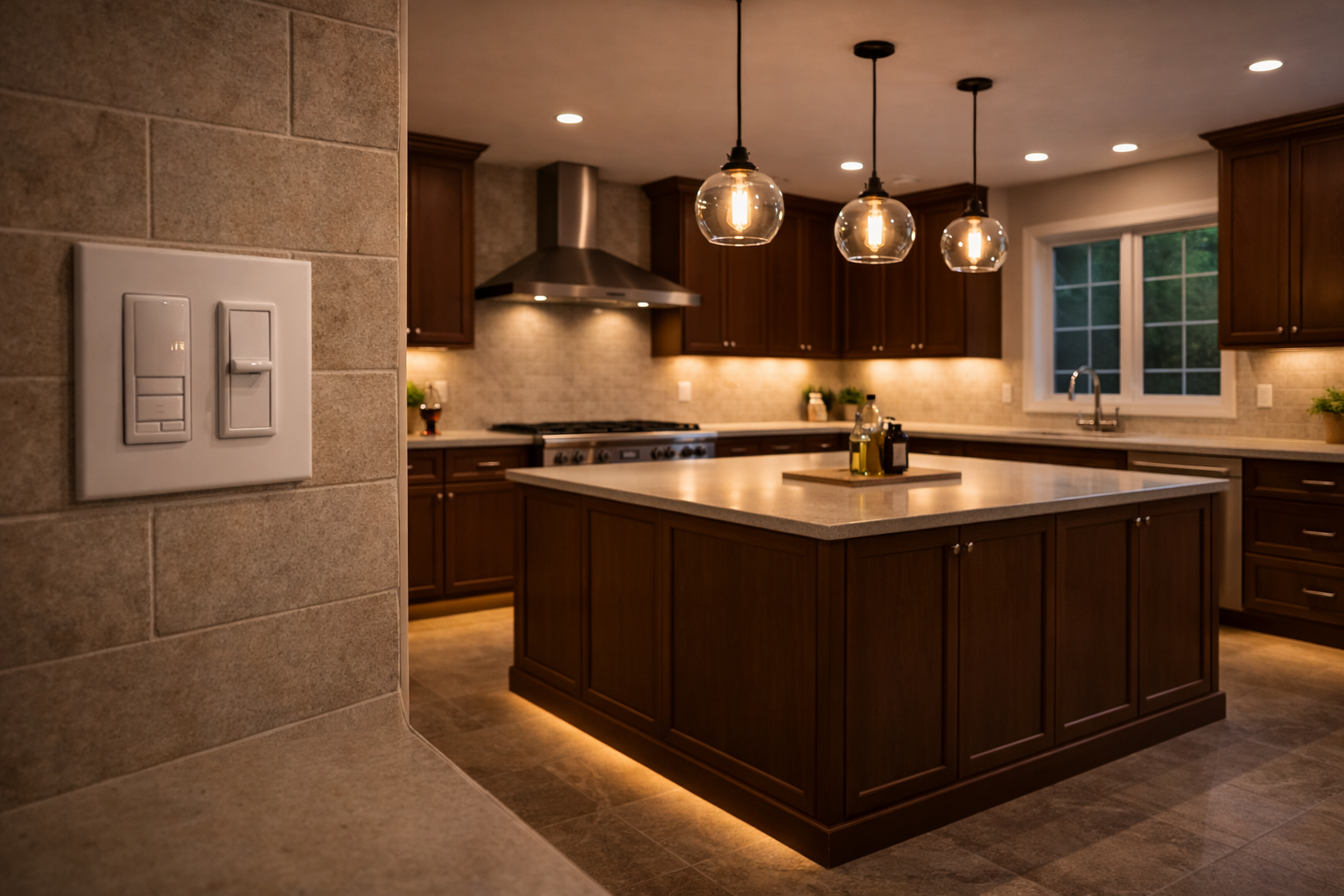 Kitchen lighting upgrades with layered lighting, dimmers, and island pendants