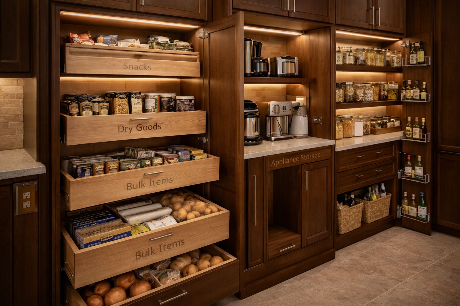 Kitchen pantry upgrades with pull-out trays, dividers, appliance storage, and charging shelves