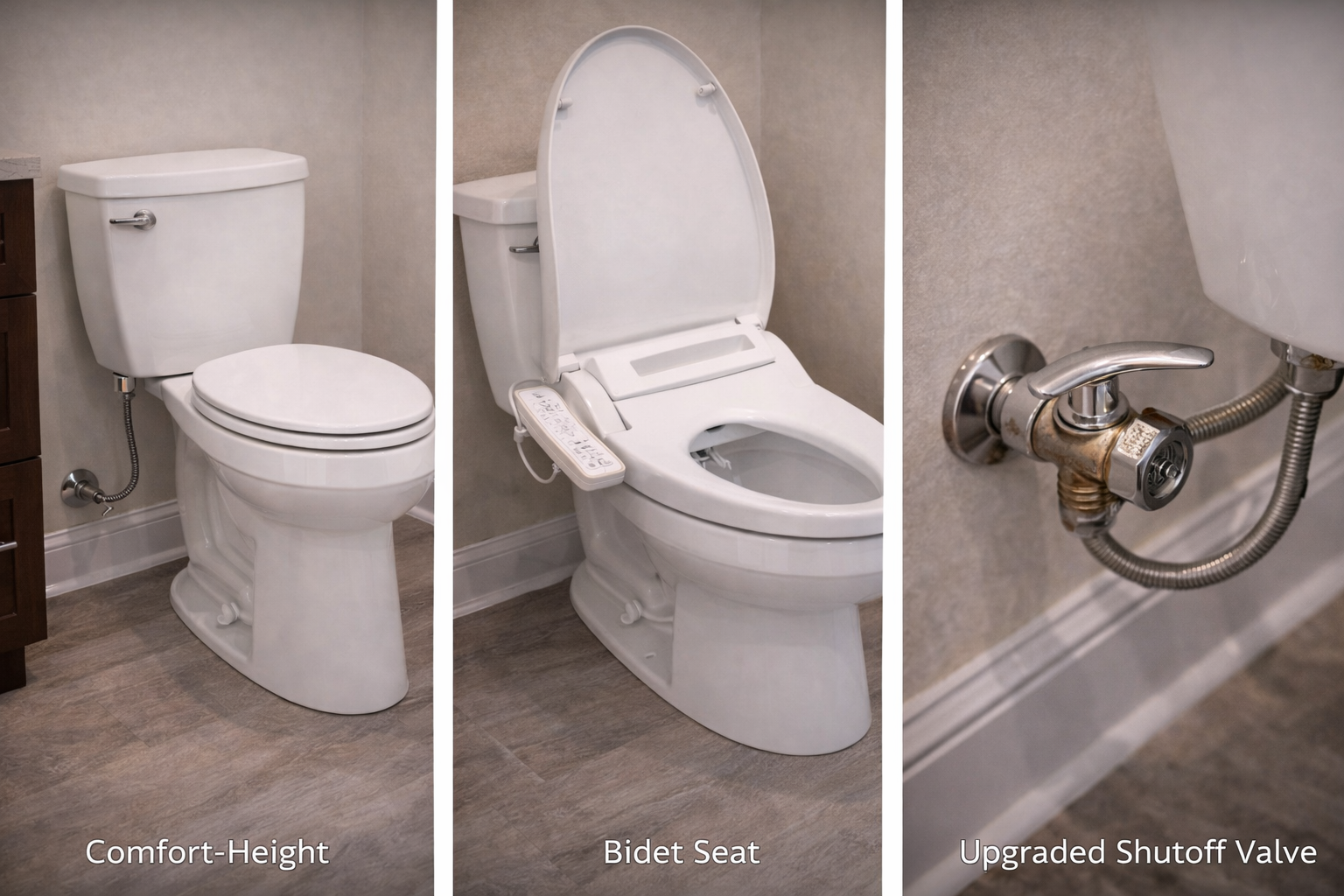 Toilet remodel upgrades with bidet features, hidden tank systems, better ventilation, accent lighting, and improved wall finishes