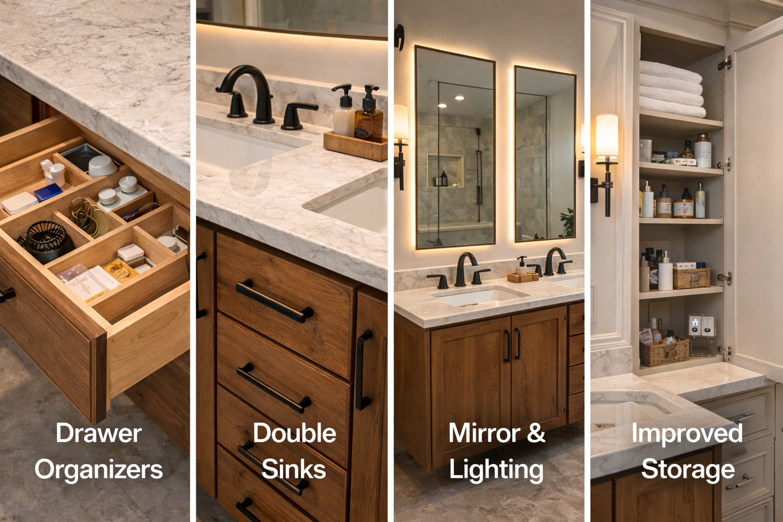 Vanity remodel upgrades with drawer organizers, better lighting, double sinks, mirror storage, and added cabinet features