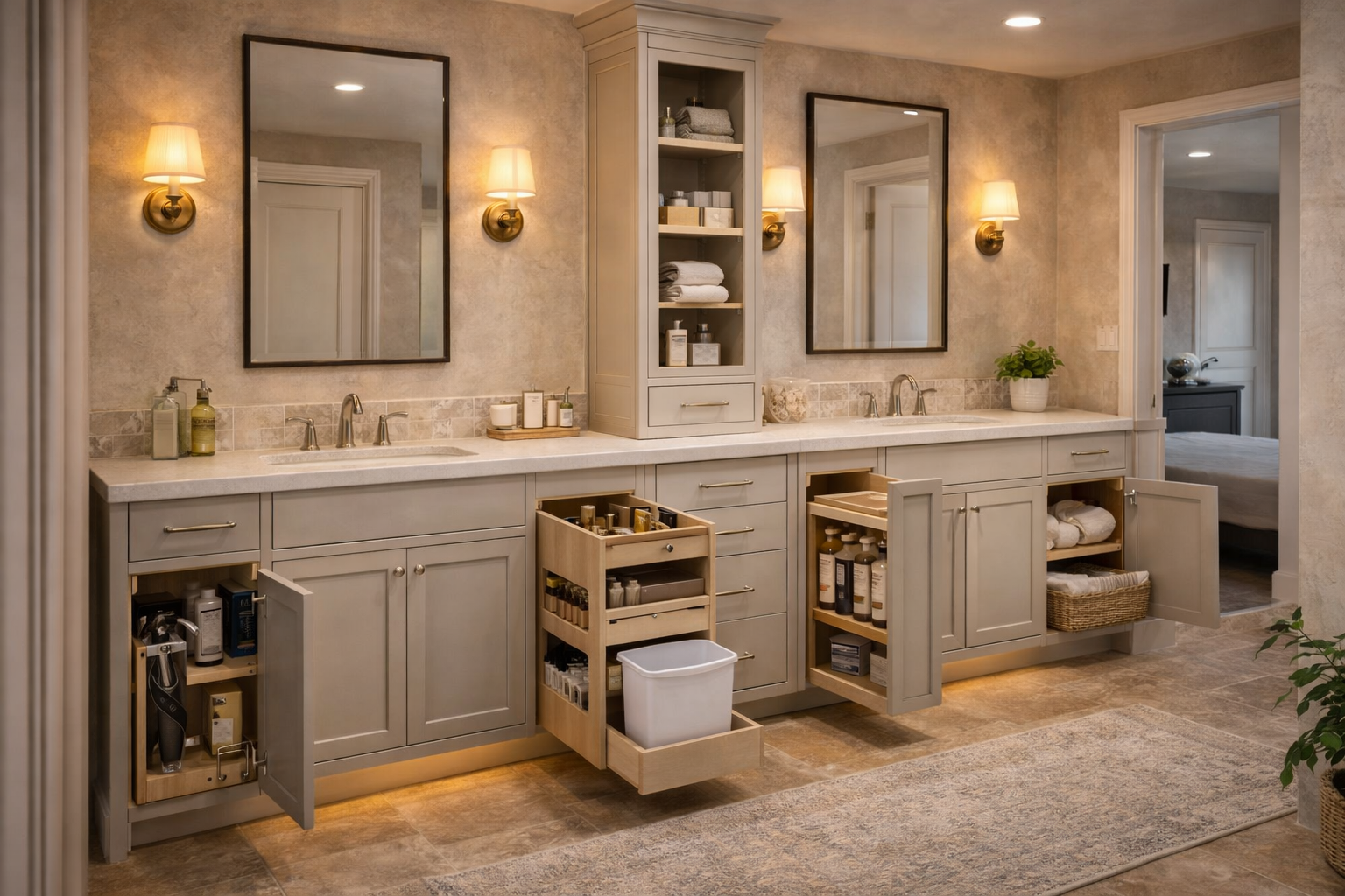 Custom vanity upgrades with drawer organizers, tower storage, double sinks, mirror cabinets, and improved task lighting