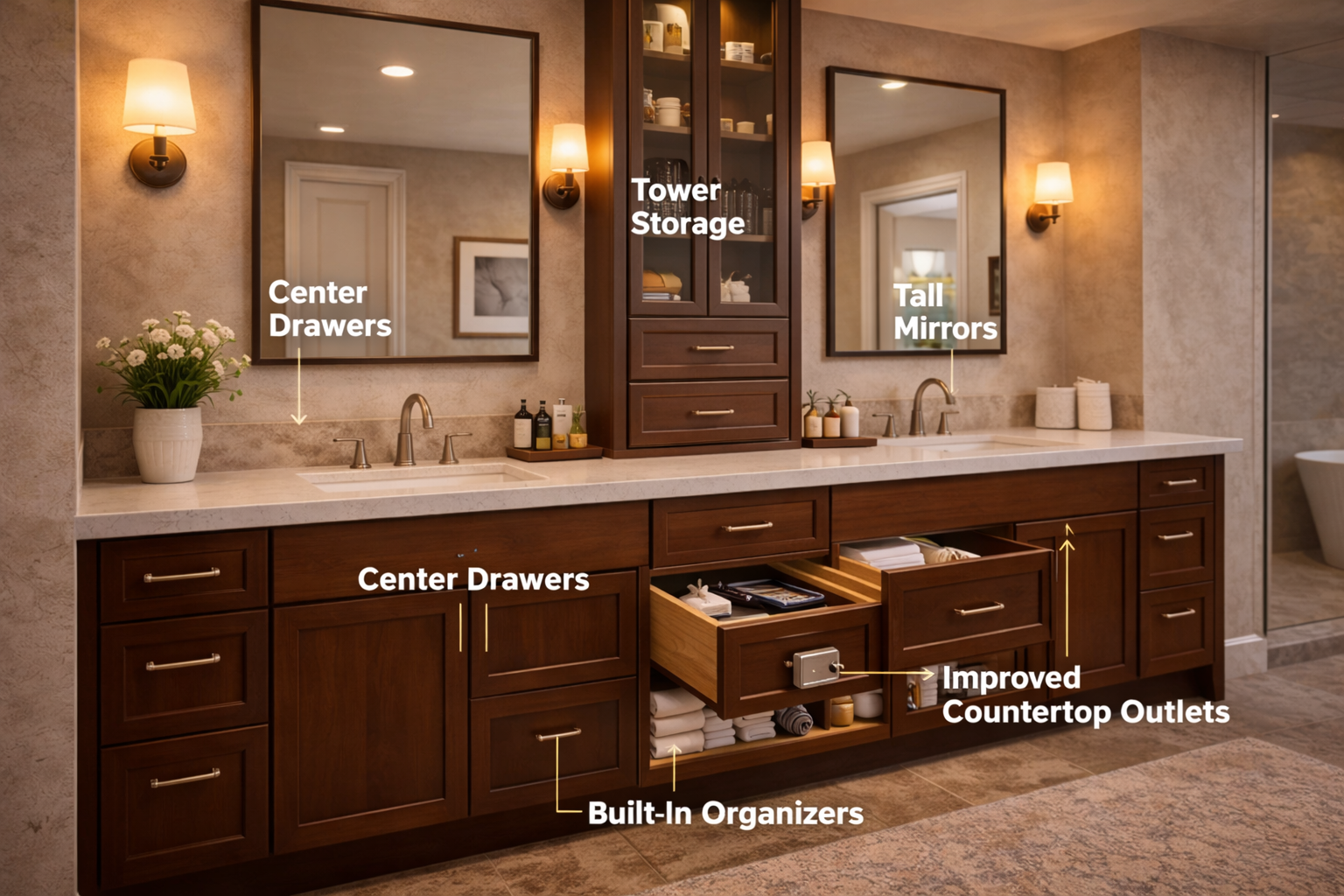 Double vanity upgrades with center storage, drawer organizers, layered lighting, and taller mirror coverage
