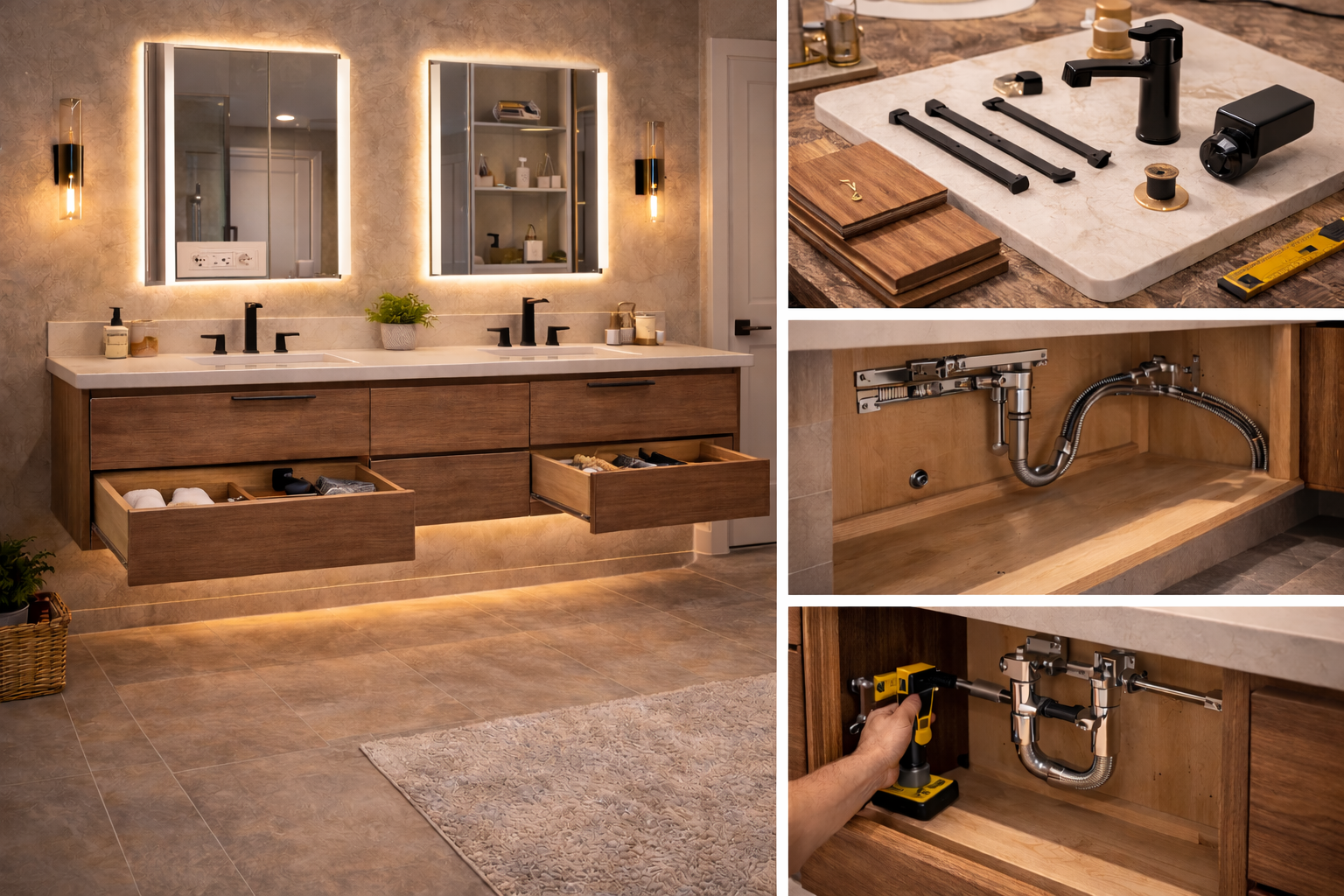 Floating vanity with open drawers, mirrored medicine cabinets, under-cabinet lighting, and built-in storage upgrades