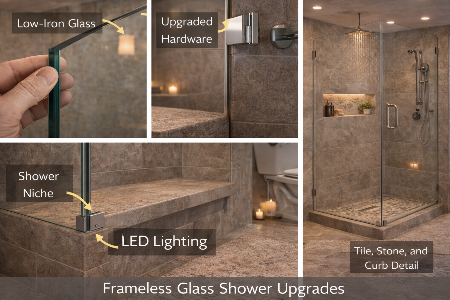 Frameless glass shower upgrades with low-iron glass, custom hardware finishes, wider openings, protective coatings, and transom panels