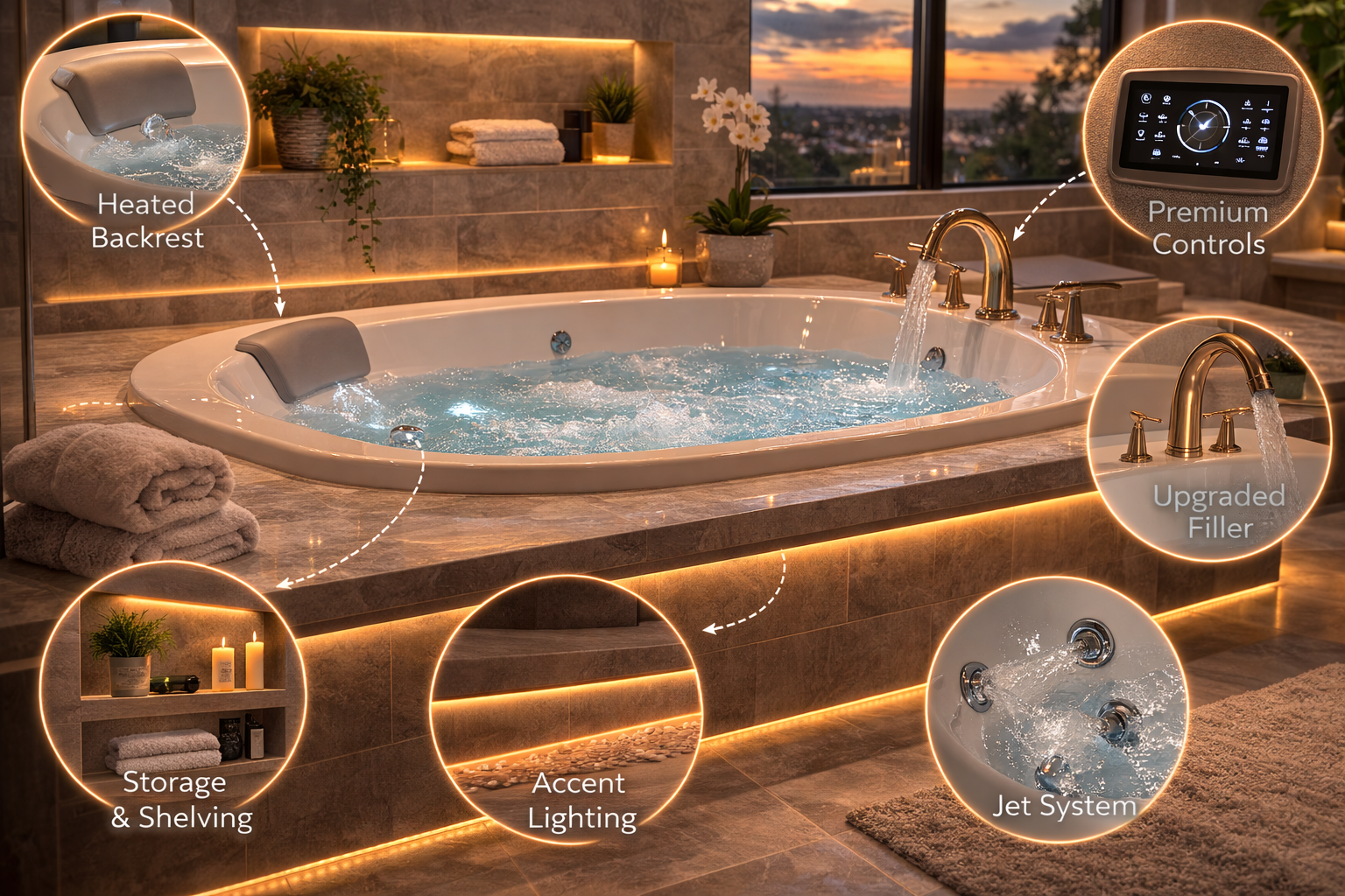 Jetted bathtub upgrades with heated backrests, chromotherapy lighting, inline heaters, upgraded controls, and nearby storage features