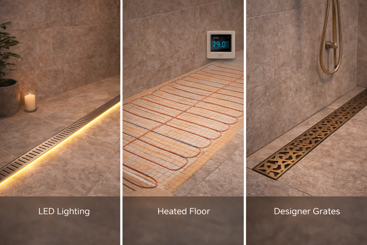 Linear drain upgrades with tile-in covers, curbless entry design, large-format tile compatibility, and easier-cleaning drain features