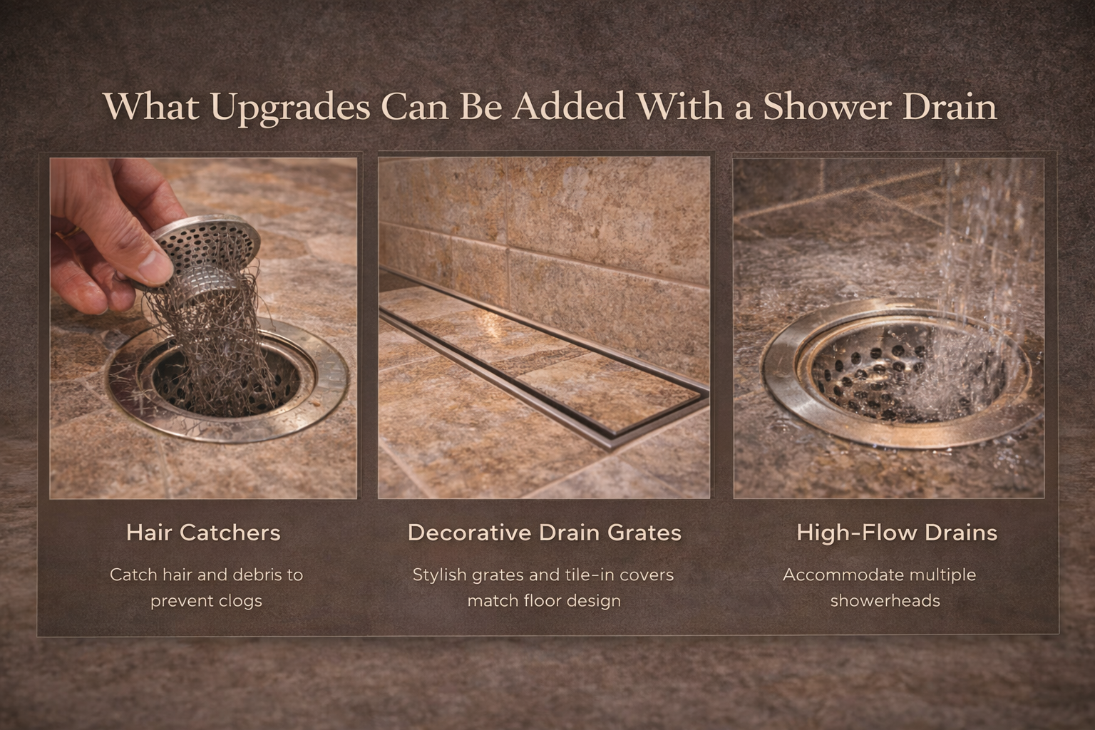 Shower drain upgrades with linear drain systems, decorative covers, curbless entry compatibility, and easier-cleaning features