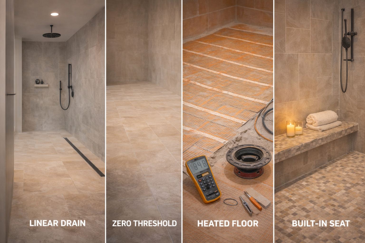 Shower pan upgrades with linear drains, barrier-free entry, custom sizing, integrated benches, and slip-resistant finishes