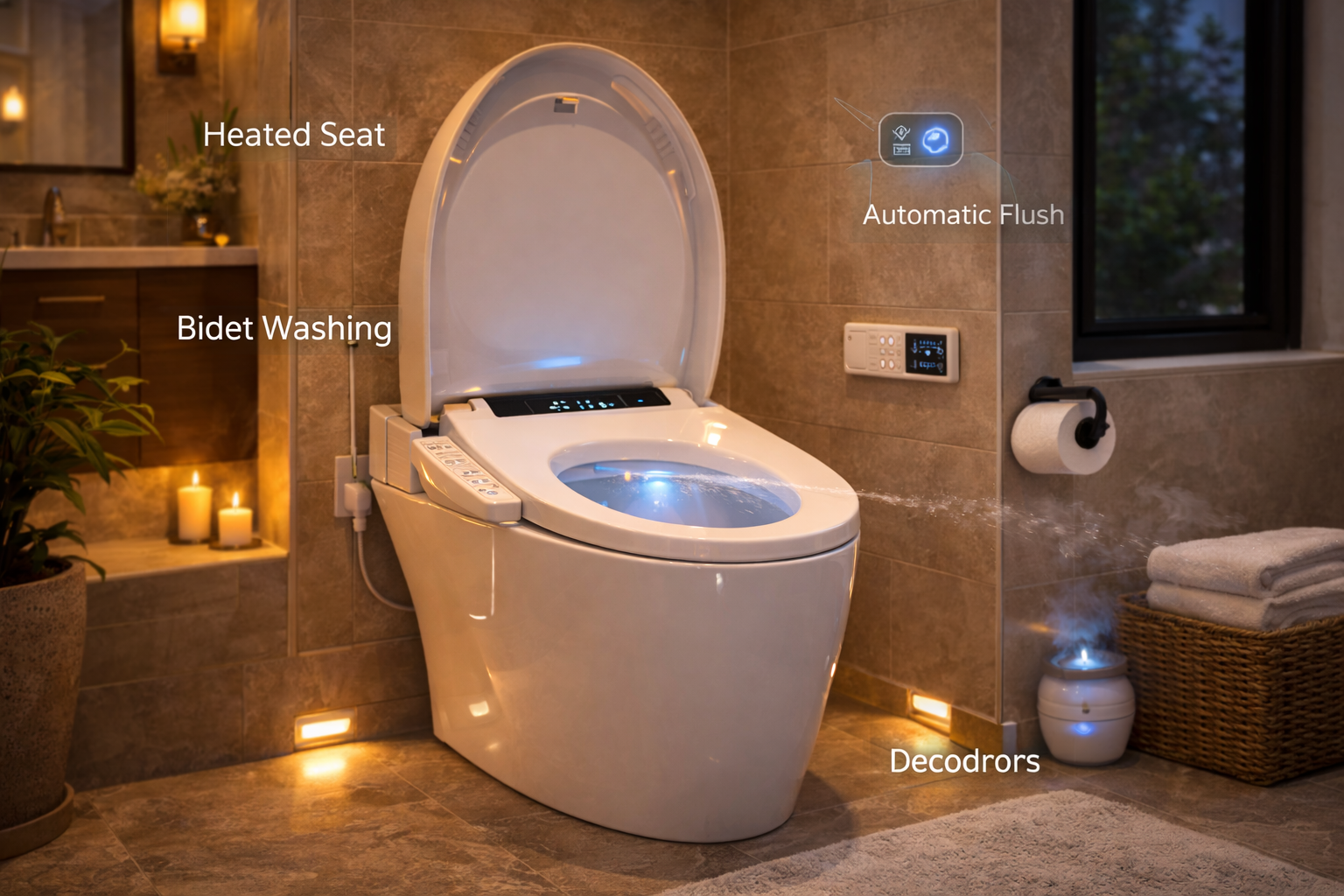 Smart toilet upgrades with remote operation, night light, deodorizer, warm water wash, and dryer functions