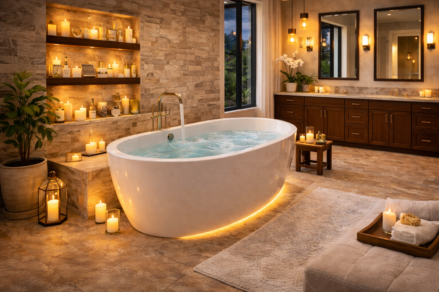 Soaking tub upgrades with floor-mounted fillers, heated surfaces, nearby storage, accent lighting, and decorative wall details