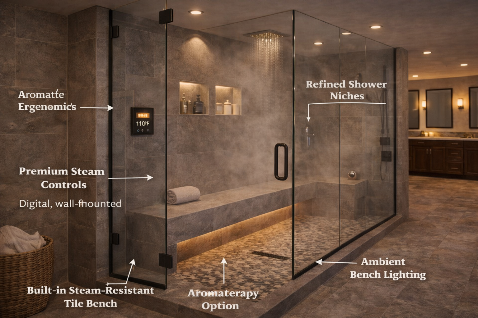 Steam shower upgrades with bench seating, body sprays, recessed lighting, aromatherapy options, and built-in niche storage