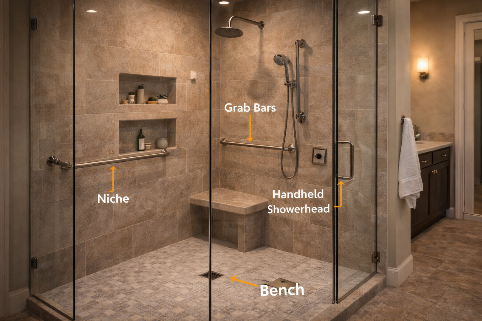 Walk-in shower upgrades with bench seating, recessed niche storage, grab bars, and a handheld showerhead