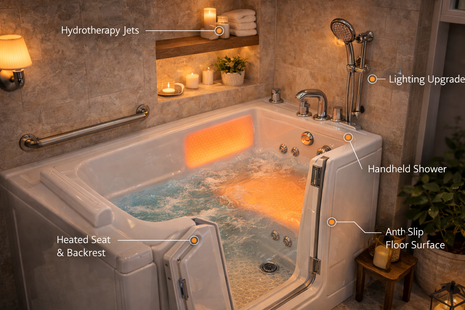 Walk-in Bathtub with upgrades, added, bathtub, tub