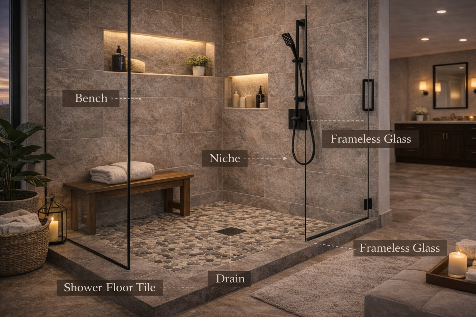 Walk-in shower upgrades with bench seating, wall niche, hand shower, and frameless glass features