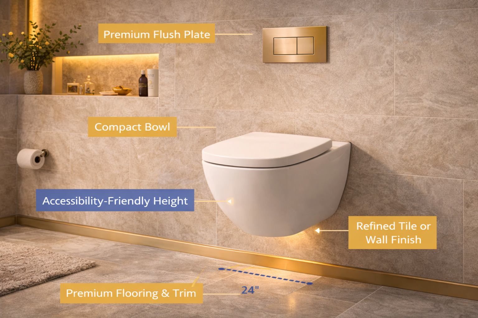 Wall-mounted toilet upgrades with bidet seat options, custom flush plates, integrated lighting, and easier floor cleaning access