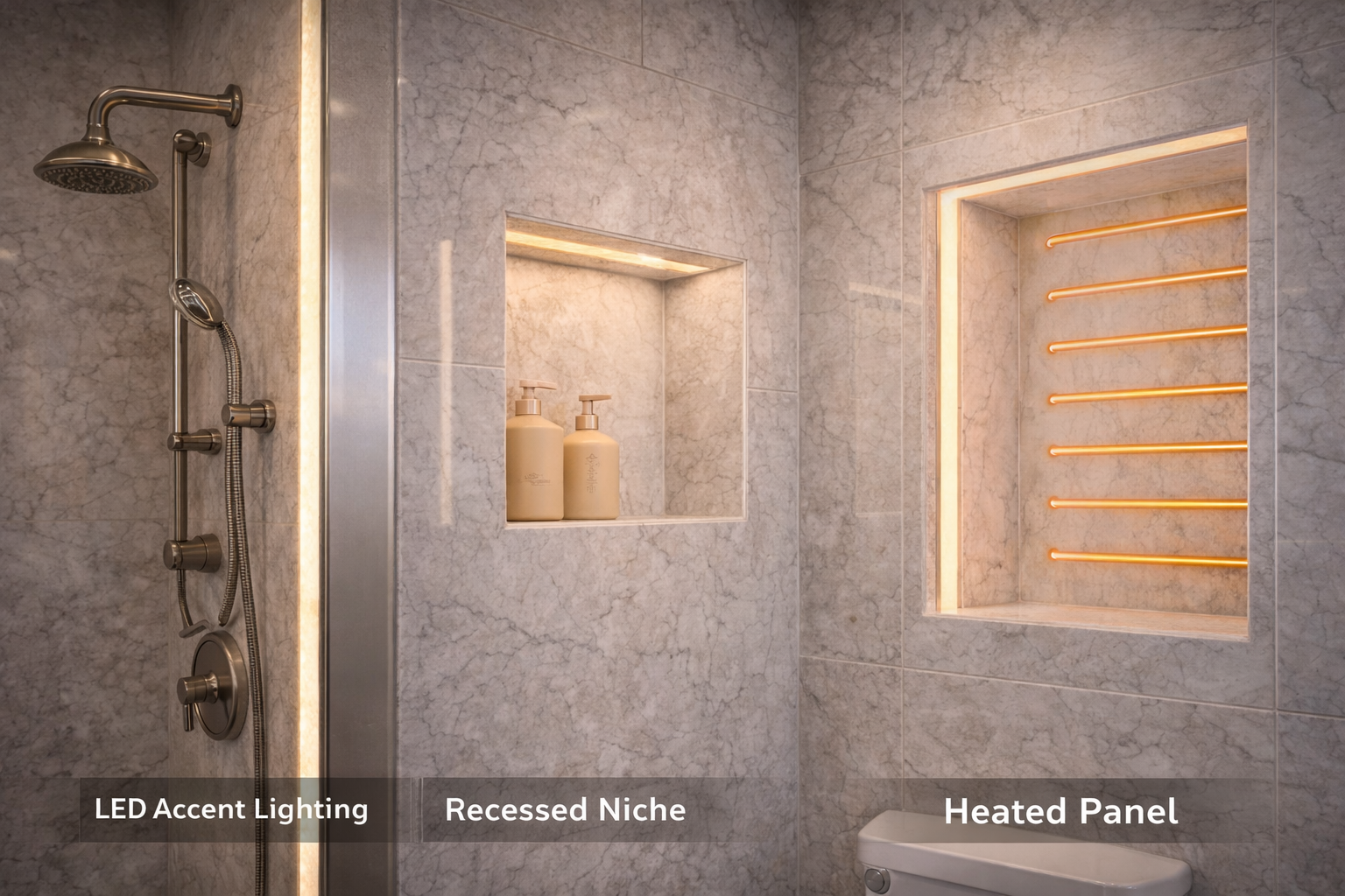 Bathroom wall panel upgrades with integrated niches, accent finishes, trim details, easier-clean seams, and coordinated shower features