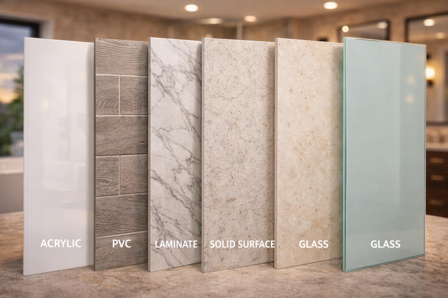 Bathroom wall panel options including acrylic panels, PVC systems, stone-look panels, and large-format waterproof wall surfaces