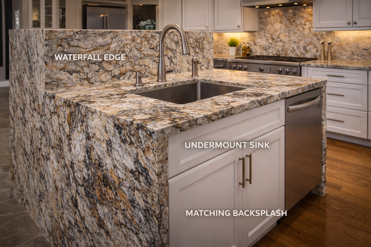 Granite countertop upgrades with waterfall edges, full-height backsplash, mitered edges, and bold slab movement across islands