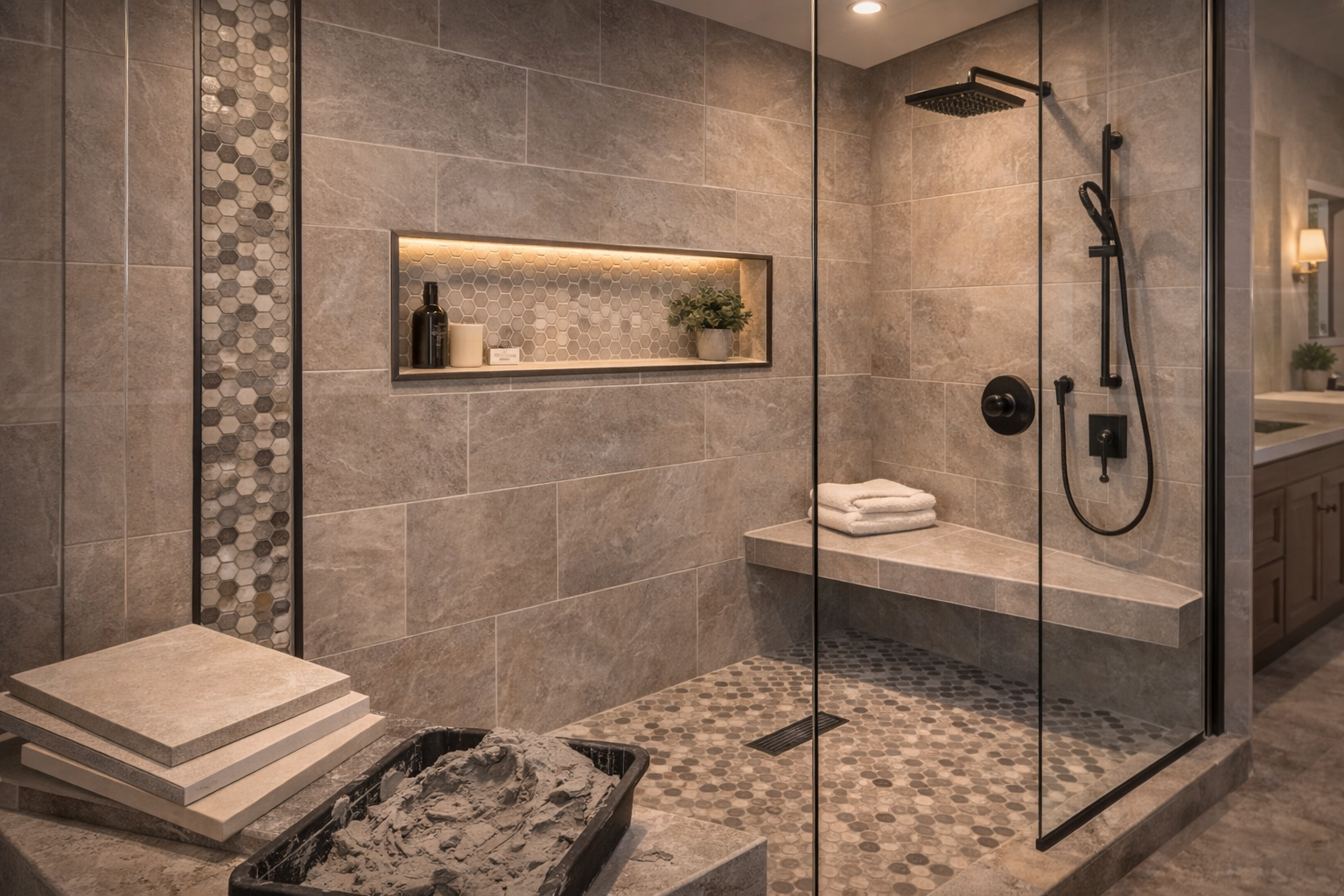 Shower tile upgrades with recessed niches, bench seating, feature walls, contrast grout, and coordinated trim details