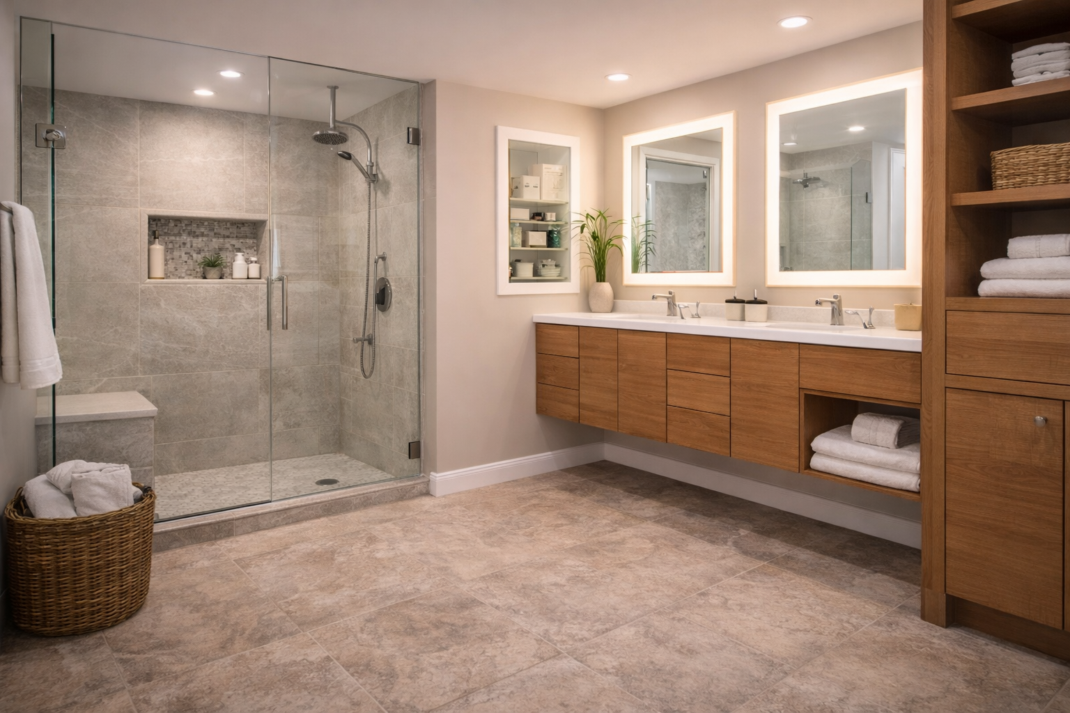 Bathroom layout change upgrades with larger showers, better vanity storage, improved lighting, linen storage, and accessibility features