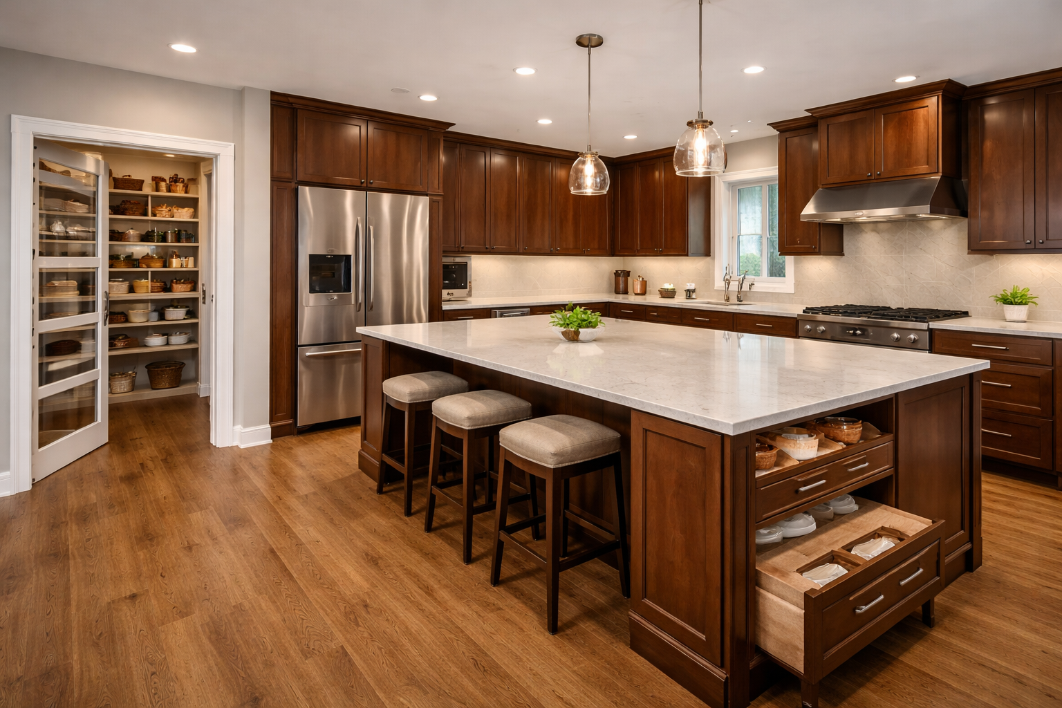 Kitchen layout upgrade with larger island and better pantry flow