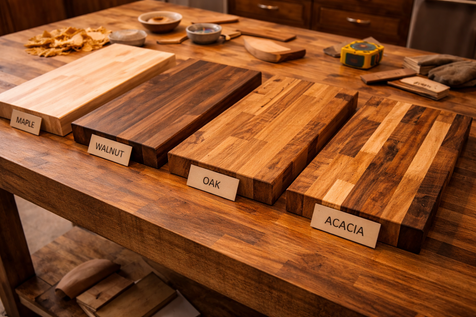 Butcher block countertop options with maple, oak, walnut, edge-grain construction, end-grain surfaces, and varied stain tones