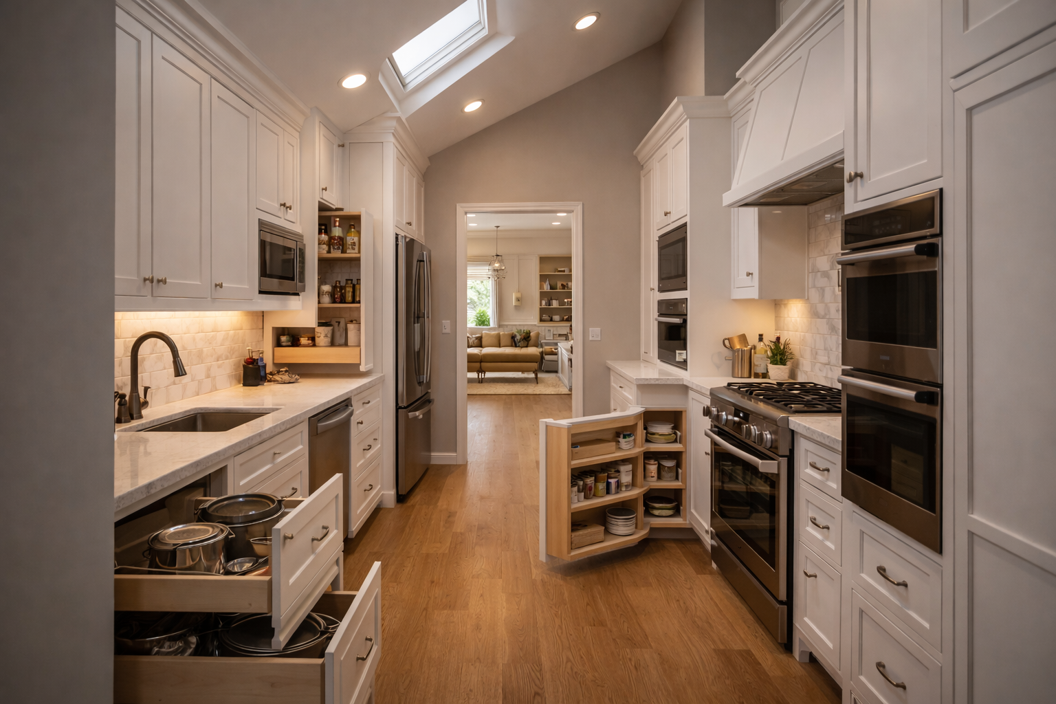 Custom cabinets used around appliances and tall walls where standard cabinet sizes would leave wasted space