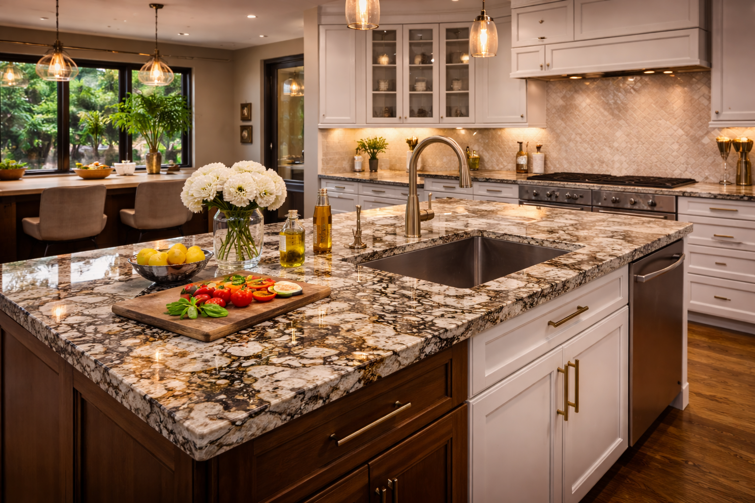 Granite countertops used in a kitchen remodel where natural variation, heat resistance, and a durable stone surface are priorities