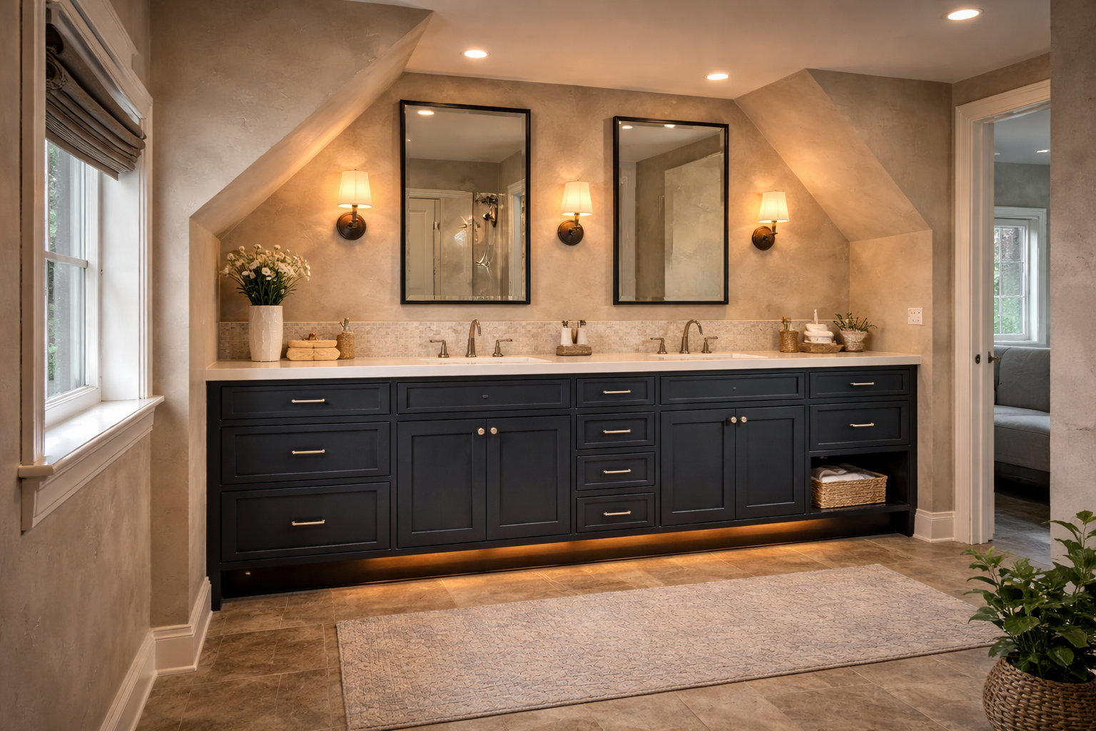 Custom vanity fitted to an unusual bathroom wall with tailored sink placement, better storage, and a cleaner built-in look