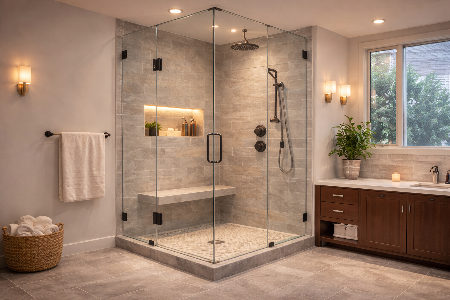 Frameless glass shower used in a bathroom remodel where openness, clean sightlines, and tile visibility are priorities