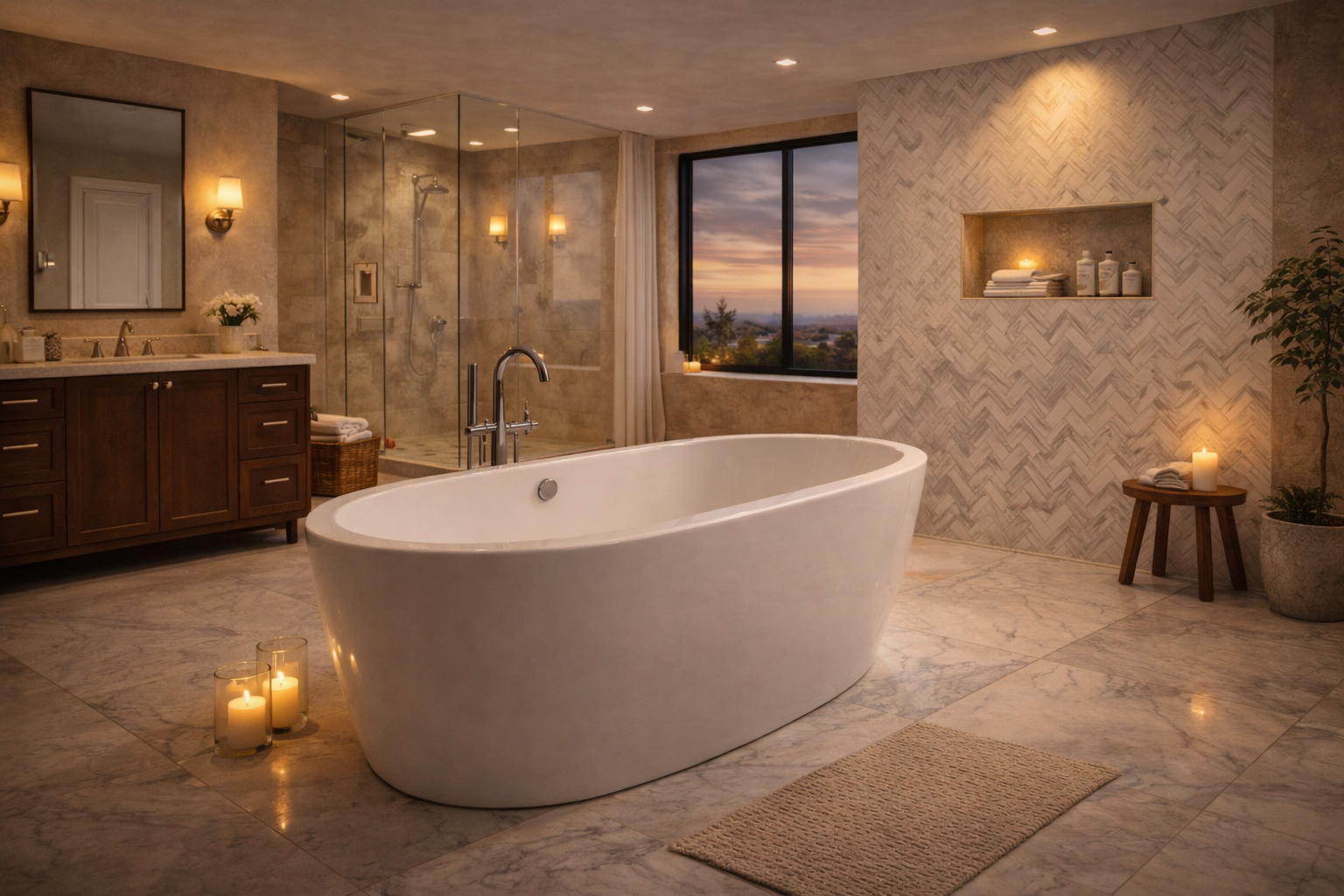 Freestanding bathtub used in a bathroom remodel where visual impact, open floor space, and a statement bathing area are priorities
