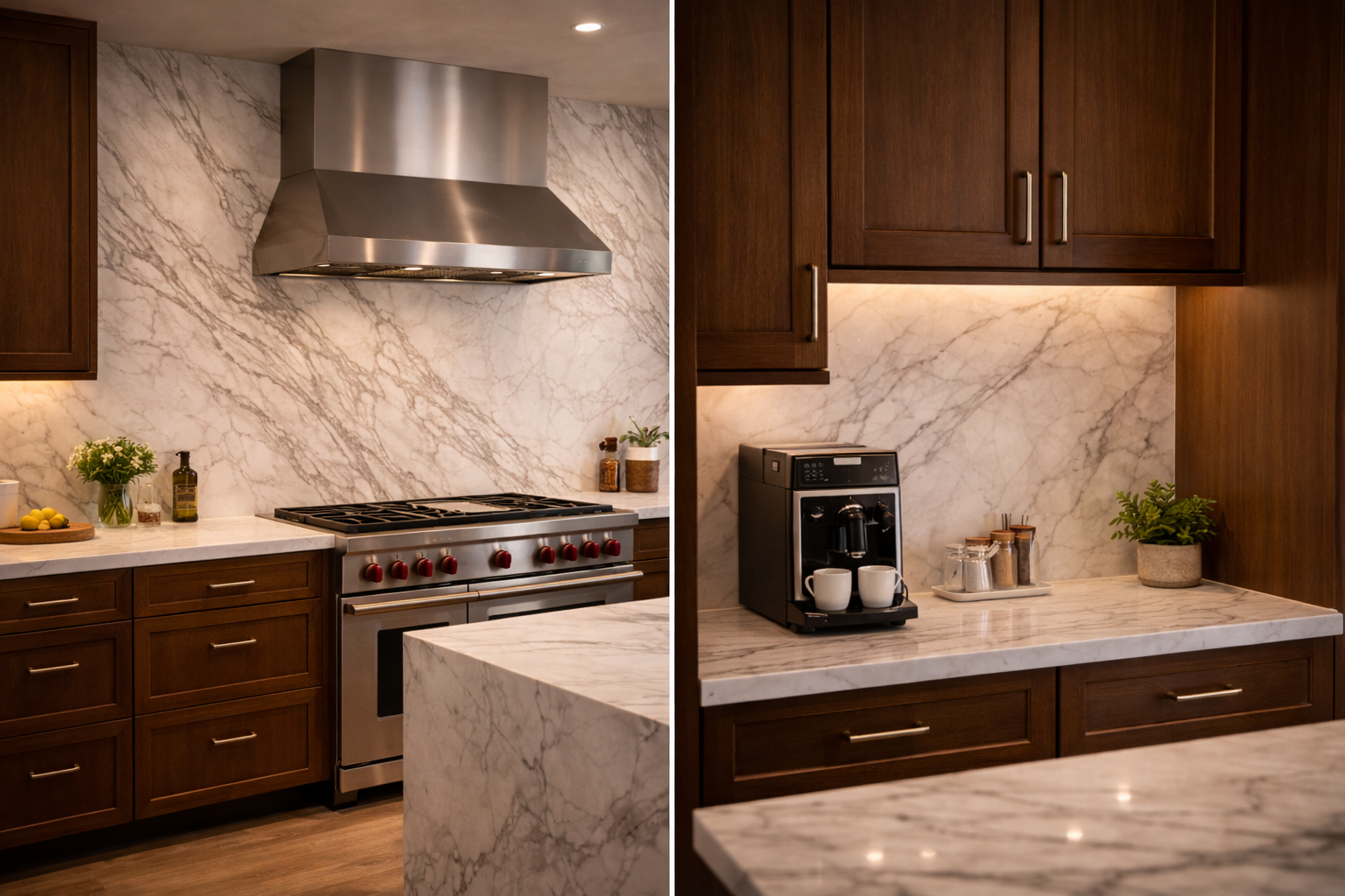 Full slab backsplash used in a kitchen remodel where seamless wall coverage, dramatic stone movement, and easier cleanup are priorities