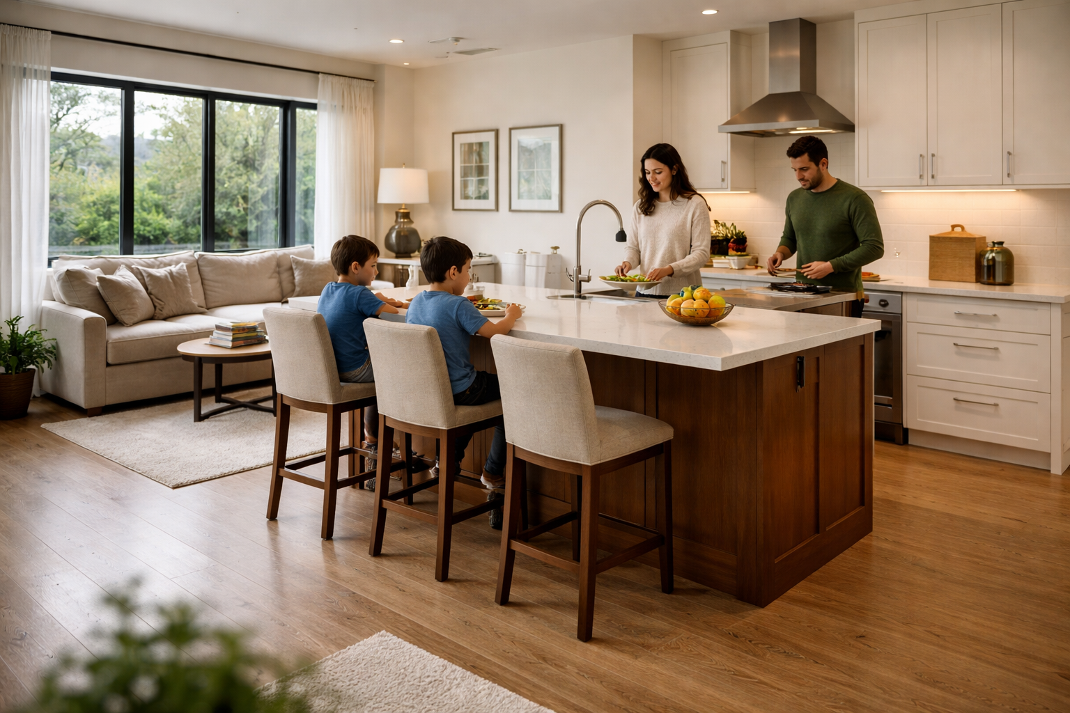 Open kitchen layout showing where island seating fits