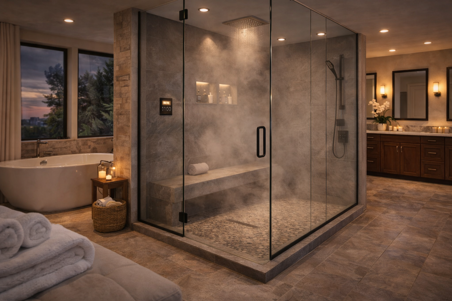 Steam shower used in a primary bathroom where enclosed walls, bench seating, and comfort upgrades are part of the remodel