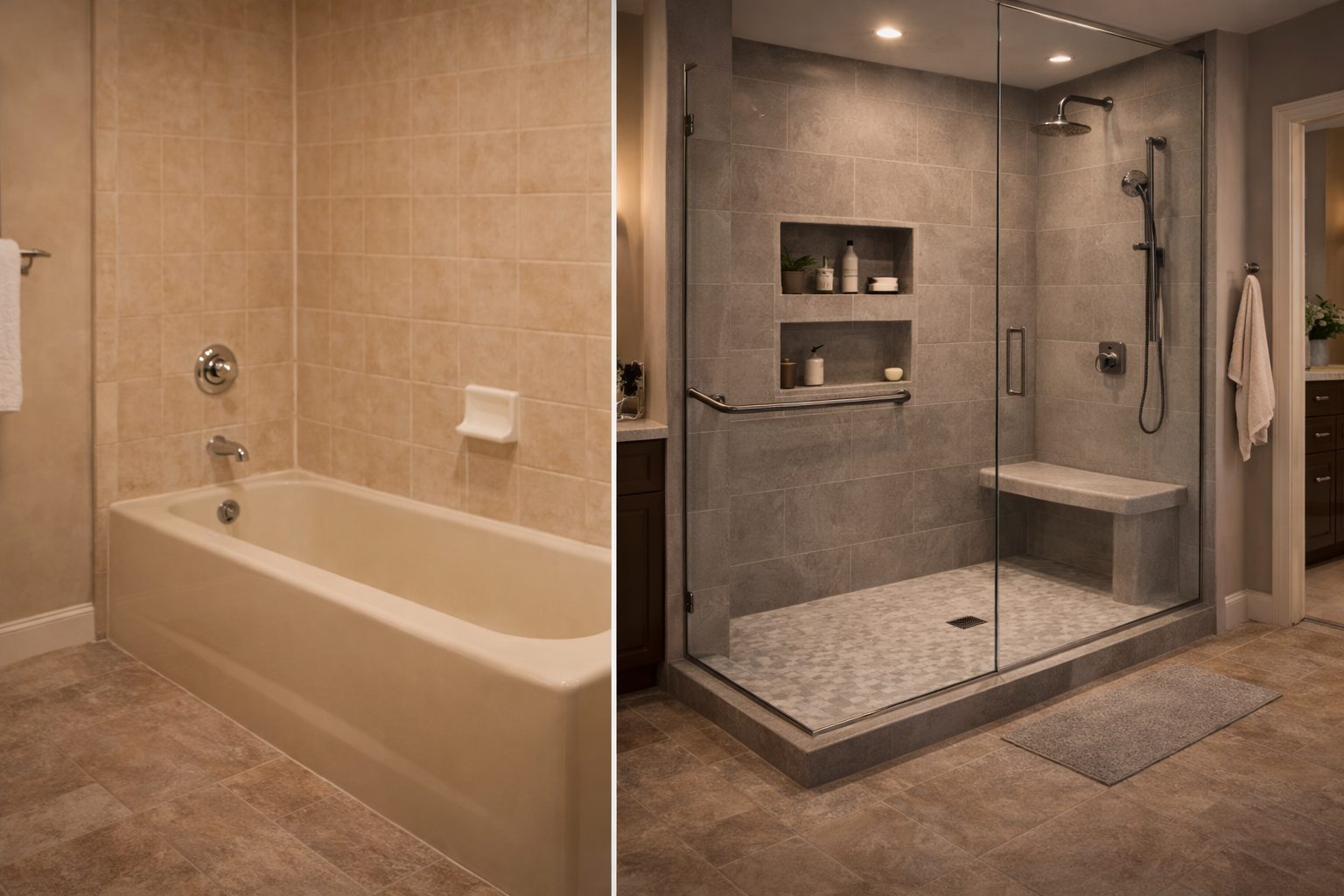 Bathroom remodel concept showing an old tub area replaced with a more open walk-in shower for easier entry
