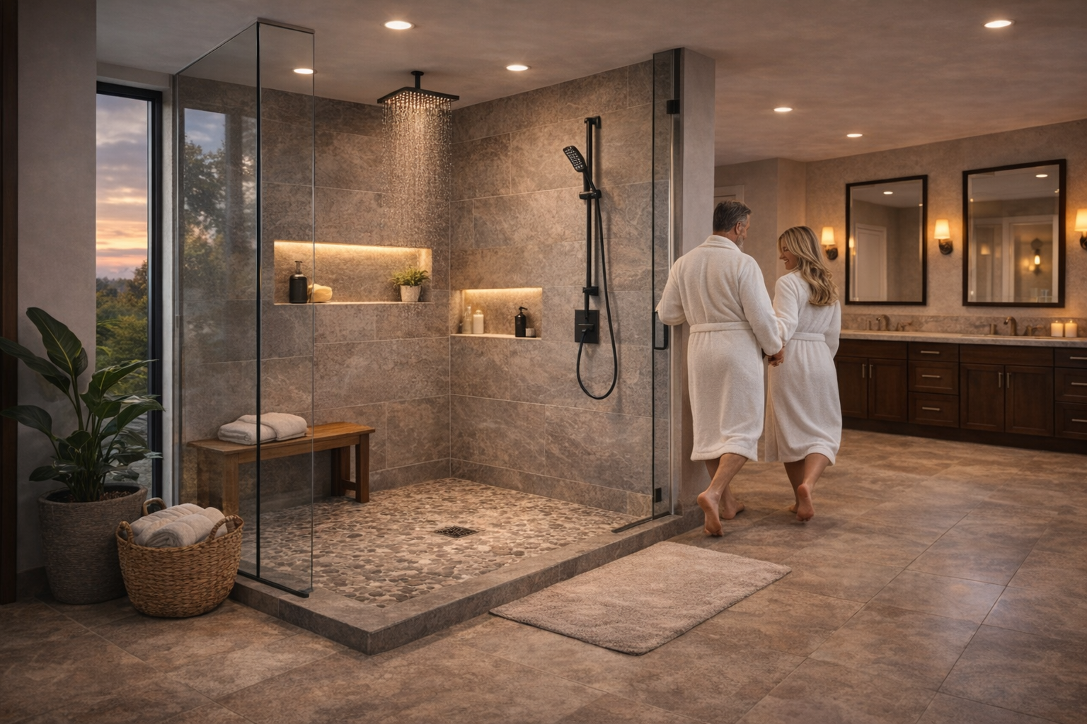 Walk-in shower design showing open entry, easier access, and more usable bathroom floor space