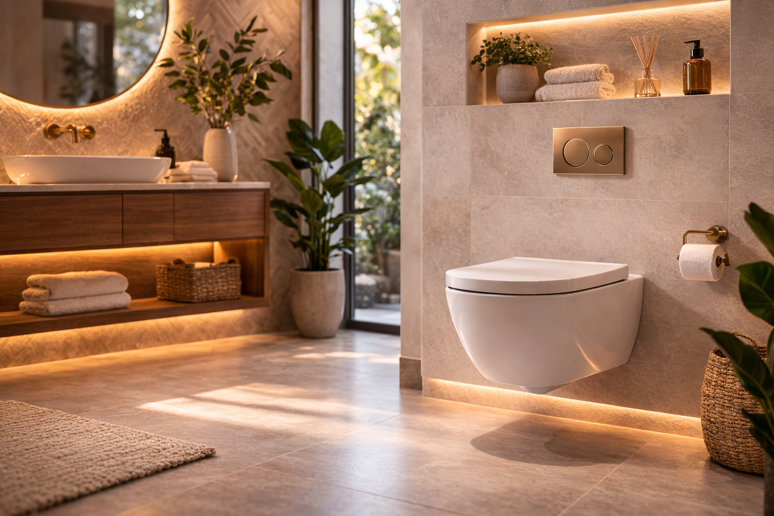 Wall-mounted toilet layout used in a compact or modern bathroom where floor clearance and a cleaner profile matter