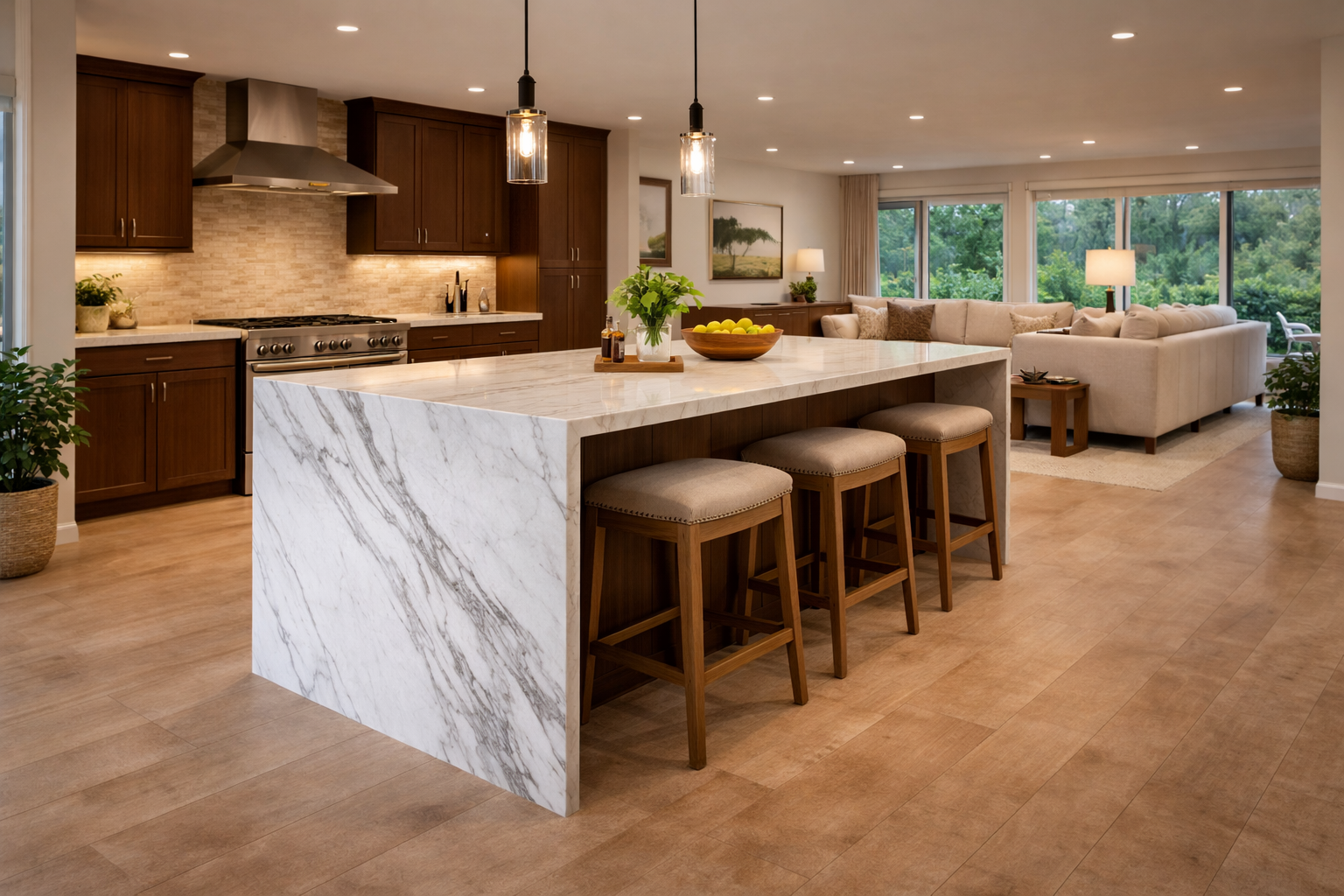 Waterfall island design use cases image with modern transitional and open concept kitchen examples