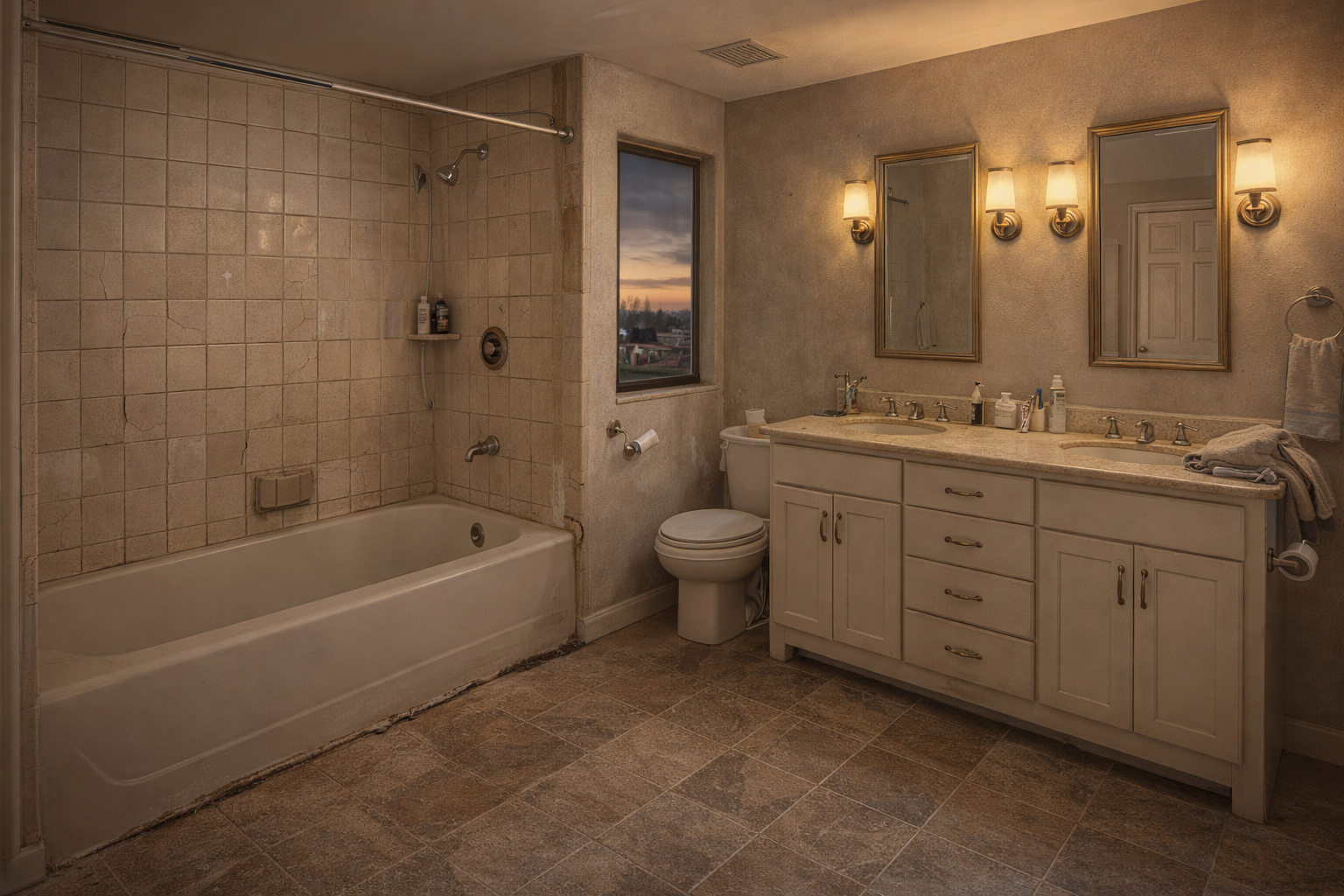 outdated bathroom with tub shower combo tile walls single vanity and toilet before remodeling renovation