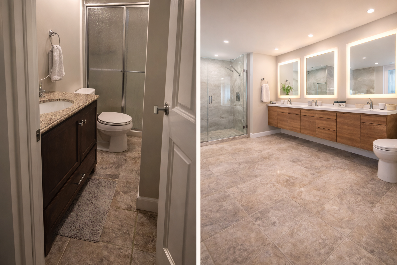 Bathroom layout issues with cramped fixture placement, weak circulation, and a floor plan ready for a remodel update