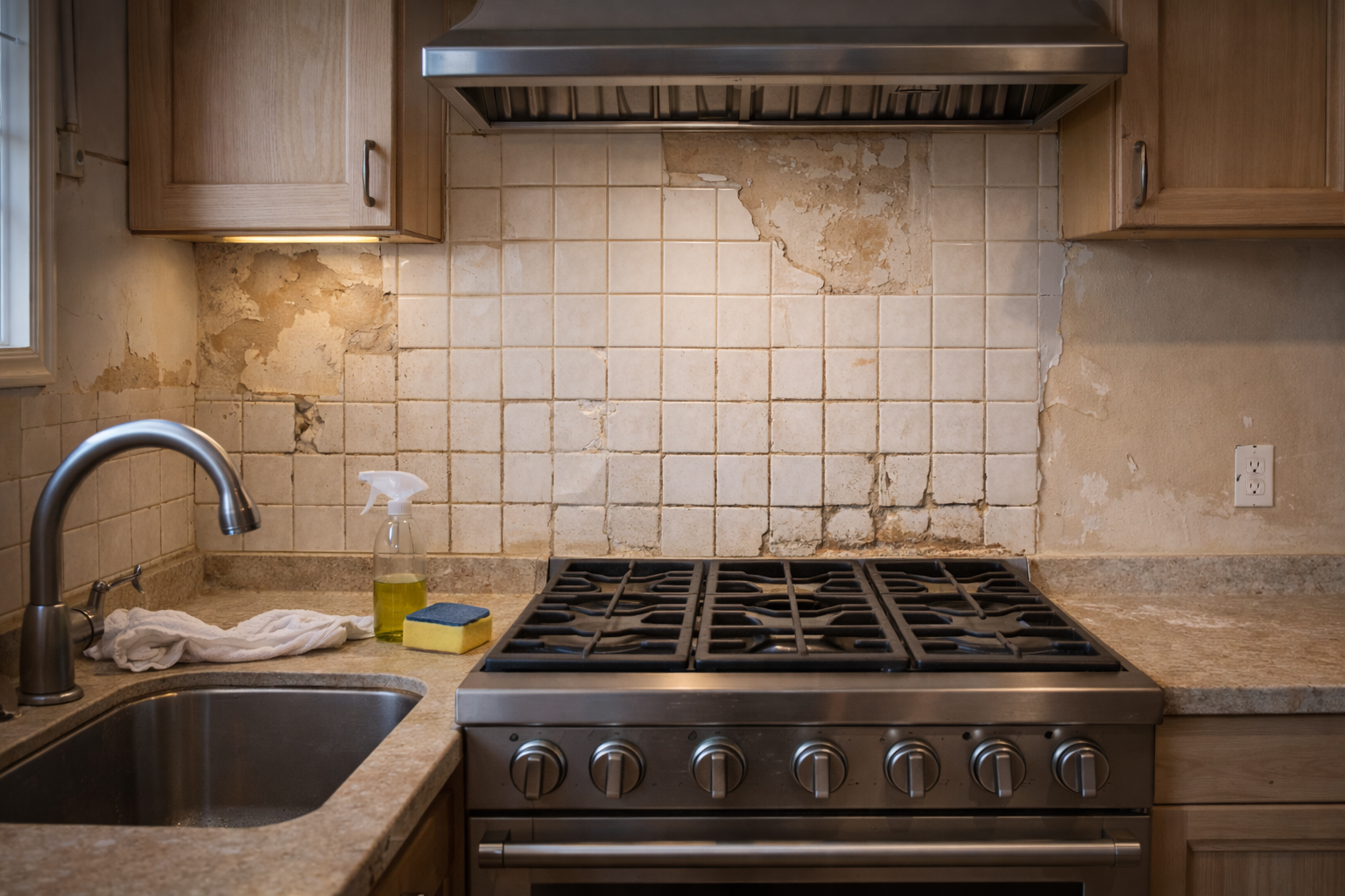 Older kitchen backsplash with dated materials, worn grout lines, and wall coverage ready for a remodel update