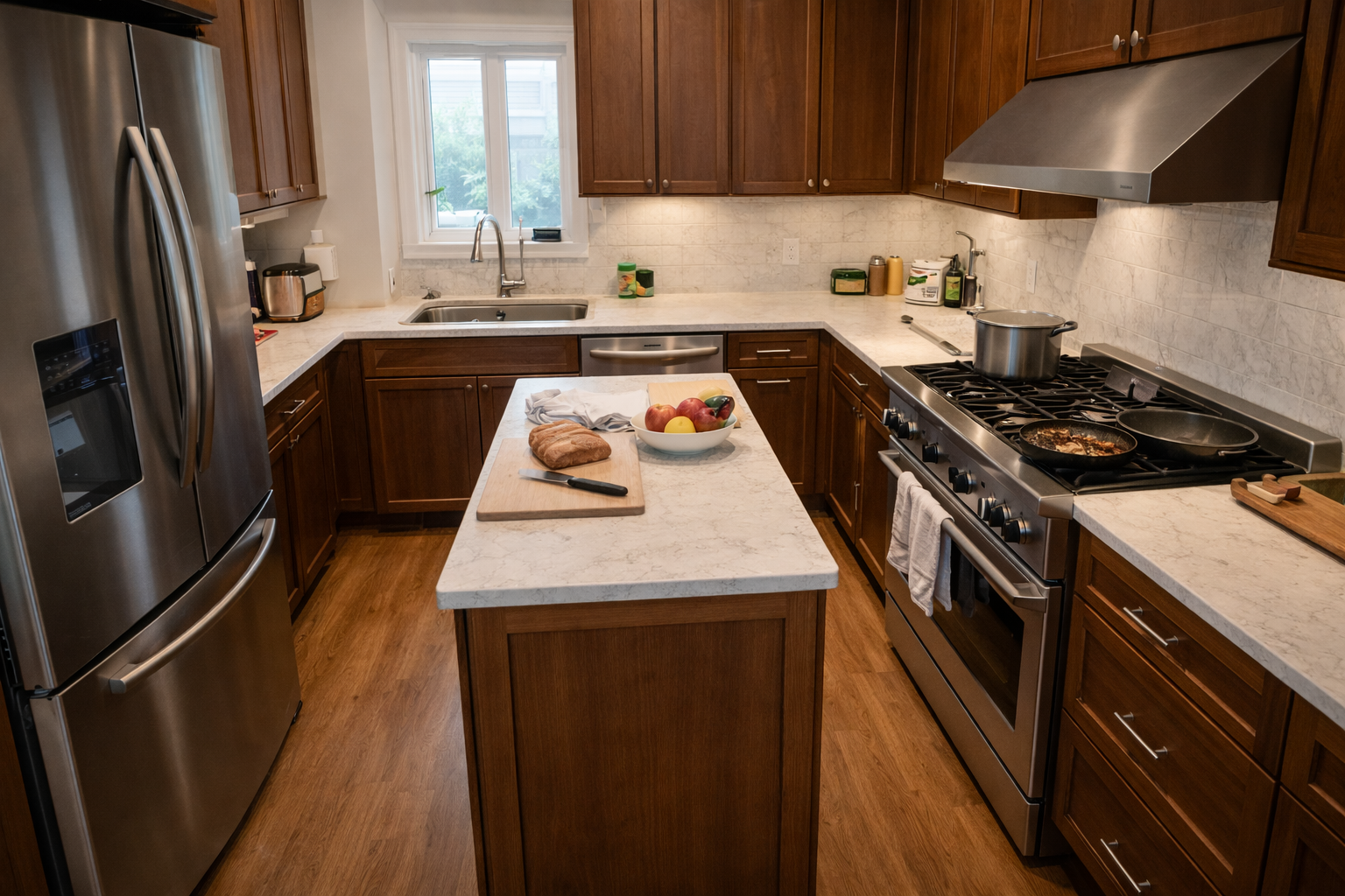 Kitchen layout with cramped prep space and poor appliance flow