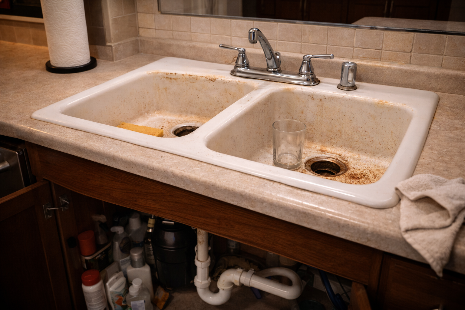 Older kitchen sink area with dated basin, worn fixtures, and a layout ready for a sink-focused remodel update