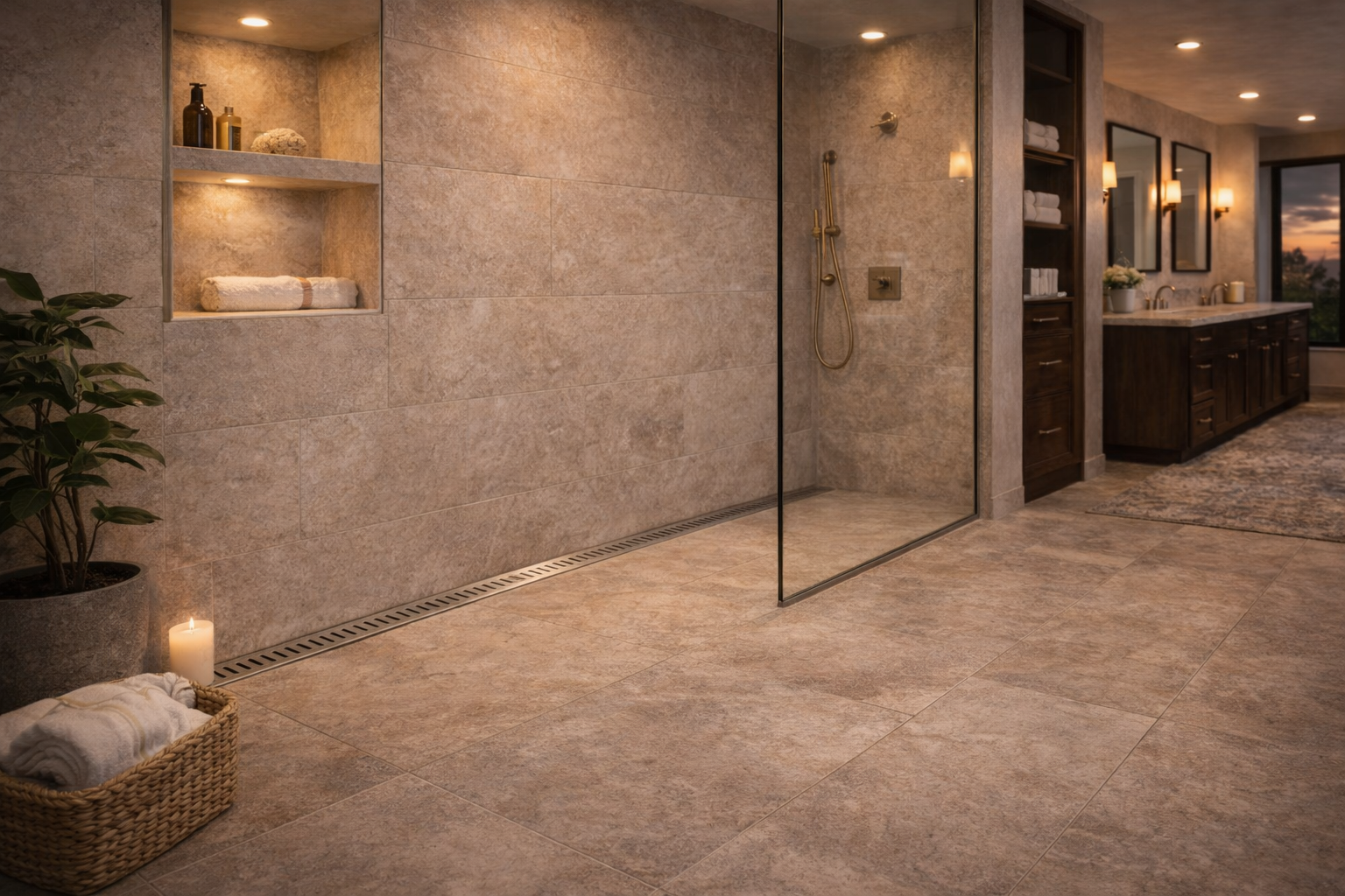 Linear drain used in a shower remodel where larger tile, curbless entry, and cleaner floor lines are priorities
