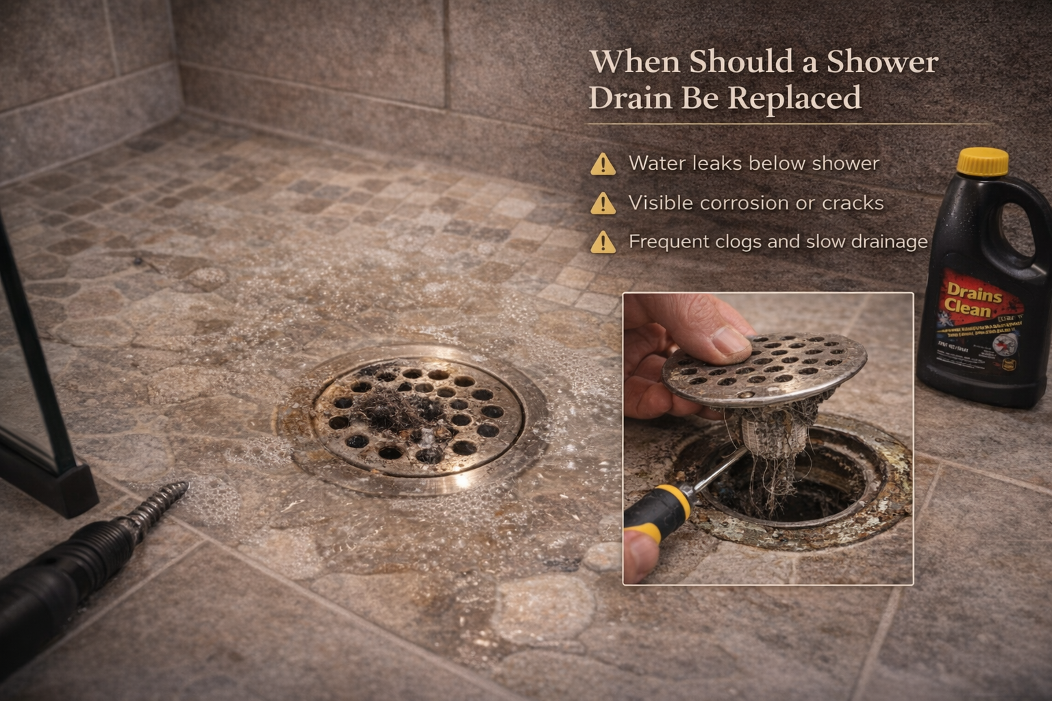 Older shower drain with wear, dated finish, and replacement needs around the opening and surrounding tile